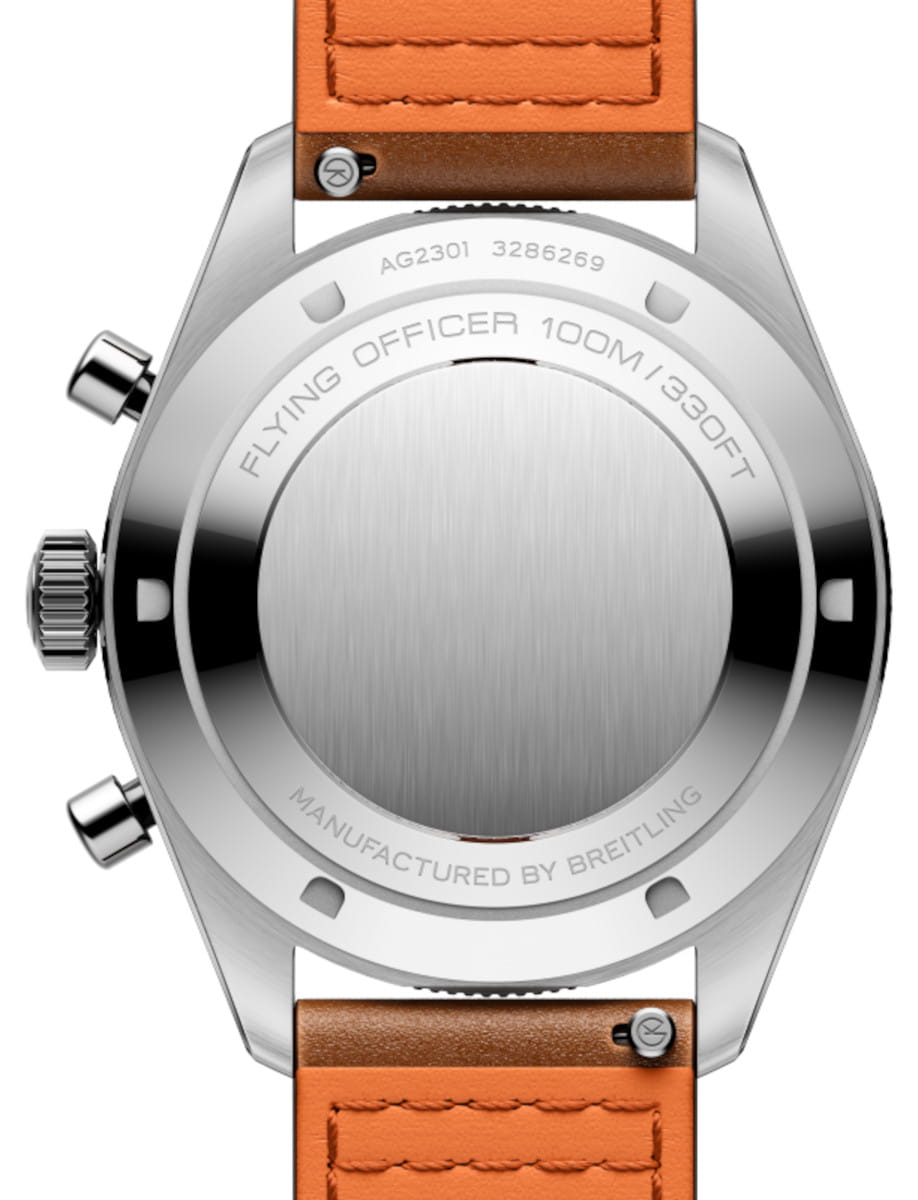 Back of Breitling Flying Officer watch: brushed center, engraved model and 100M/330FT, orange leather strap attached