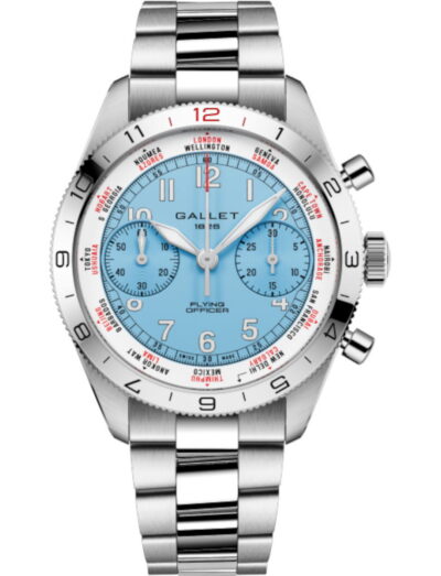 Stainless steel chronograph watch with a light blue dial, multiple subdials, and a world-time bezel.