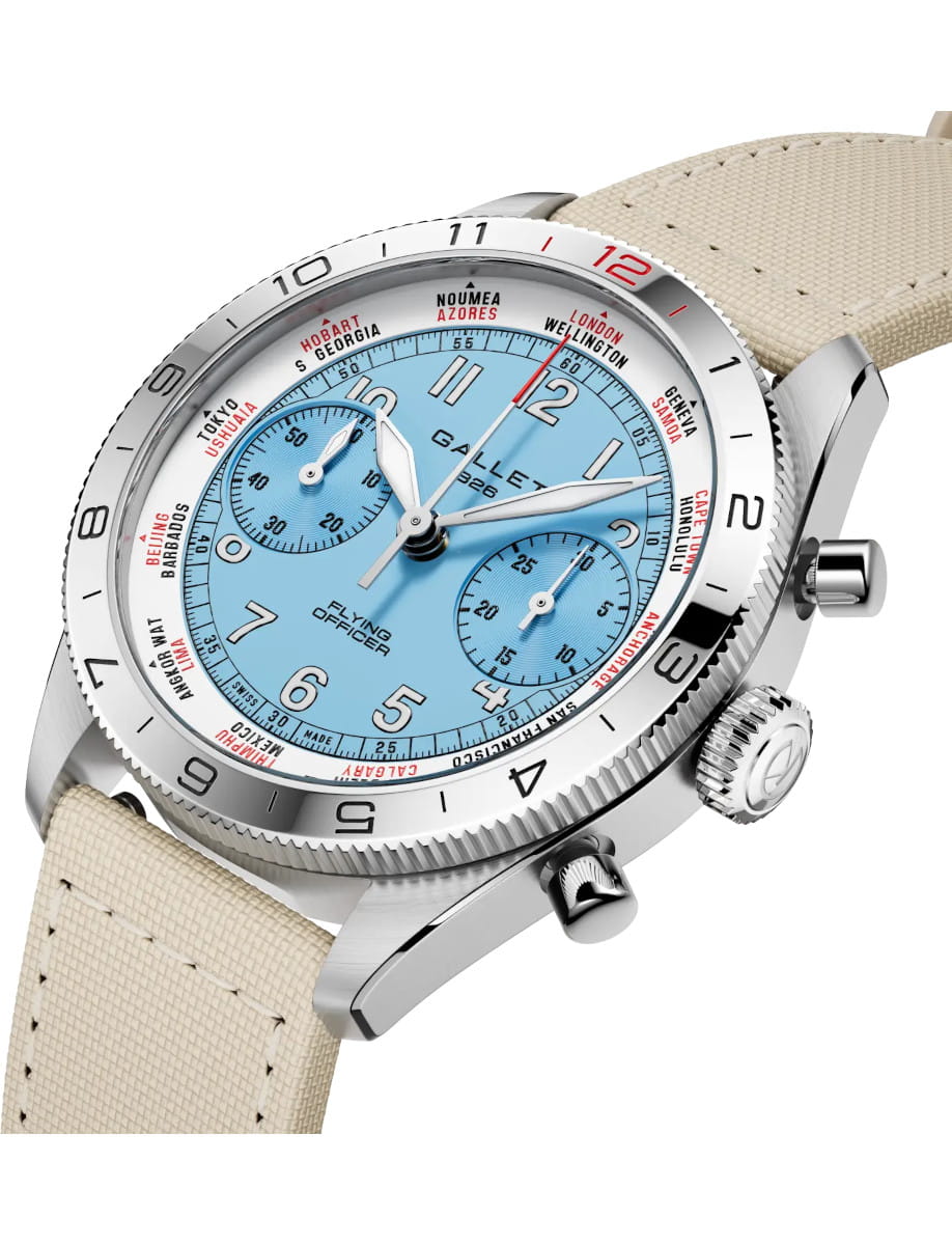 Steel Gallet chronograph wristwatch with a light blue dial and beige strap, shown in close-up.