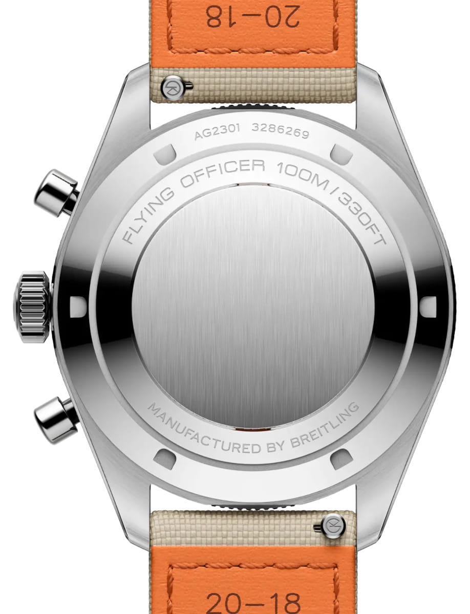 Back of a Gallet steel wristwatch with engraved text: 'Flying Officer 100M/330FT' and 'Manufactured by Breitling', beige/orange strap attached to lugs