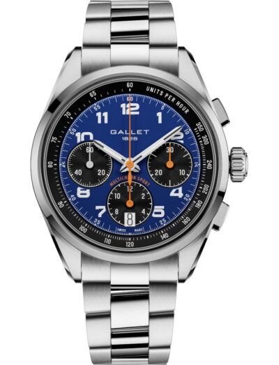 Gallet chronograph watch with blue dial, silver case, and stainless steel bracelet.