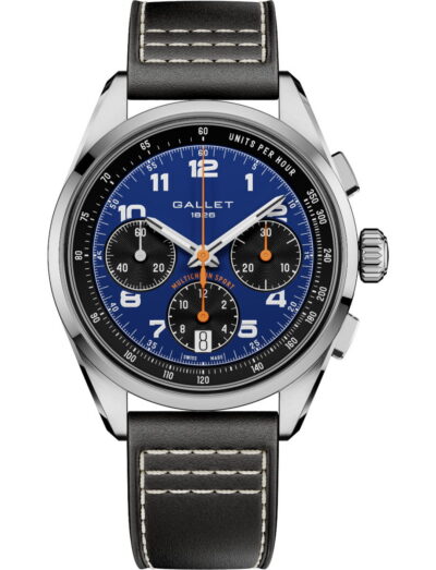 Gallet blue dial chronograph wristwatch with three subdials, orange second hand, and a black leather strap with white stitching