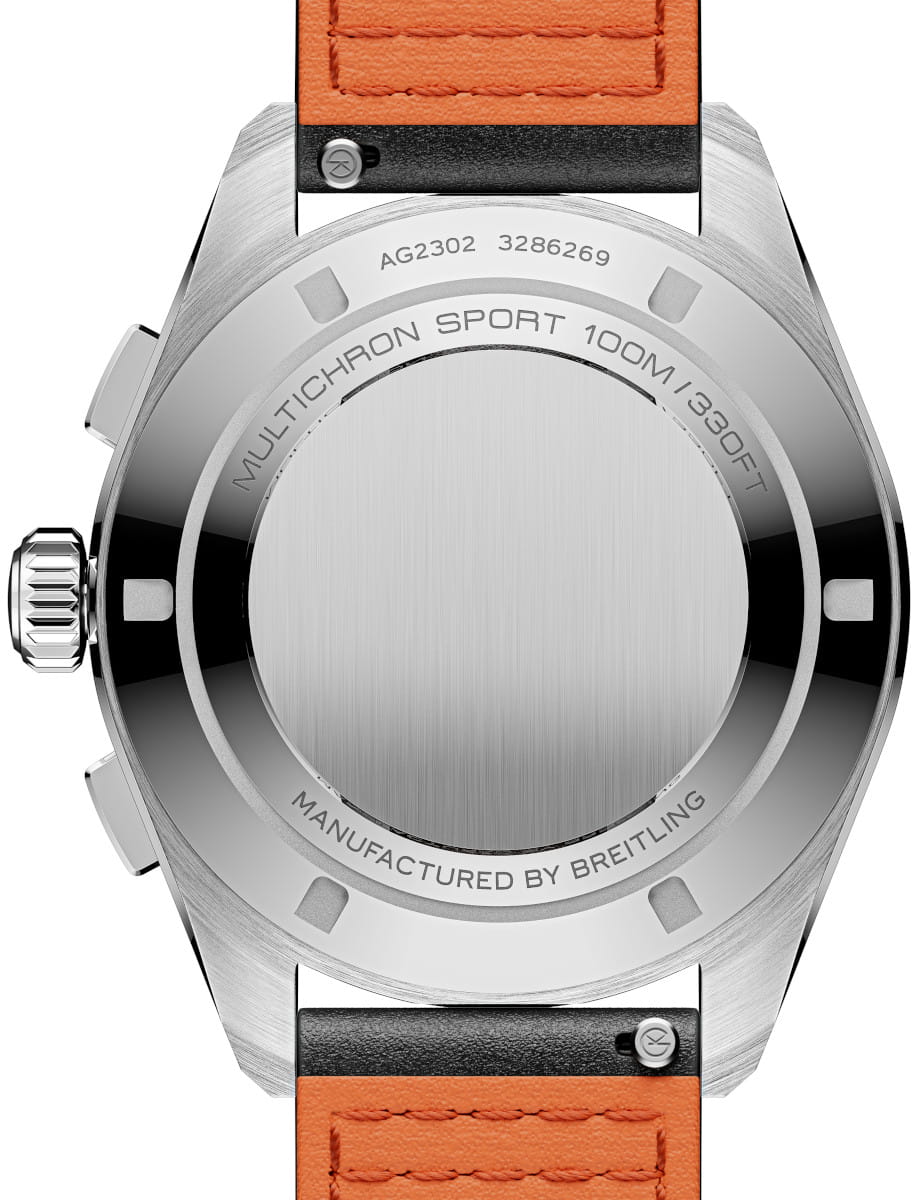 Back view of a stainless steel Gallet watch with an orange leather strap, showing engravings around the case back (Multichron Sport, 100m/330ft) and a brushed center plate