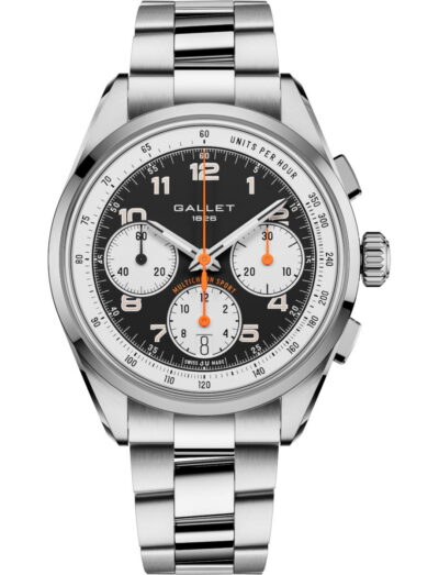 Stainless steel chronograph wristwatch with a black dial, white subdials, and orange hands on a steel bracelet.