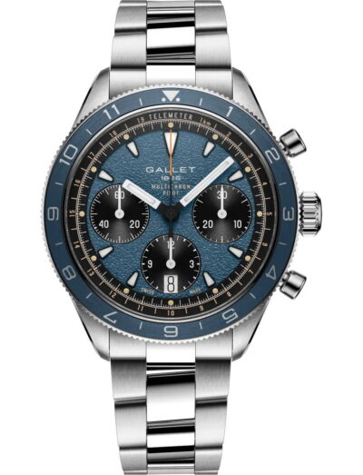 Stainless steel Gallet chronograph watch with blue dial, three black subdials, date window at 6, and blue bezel.