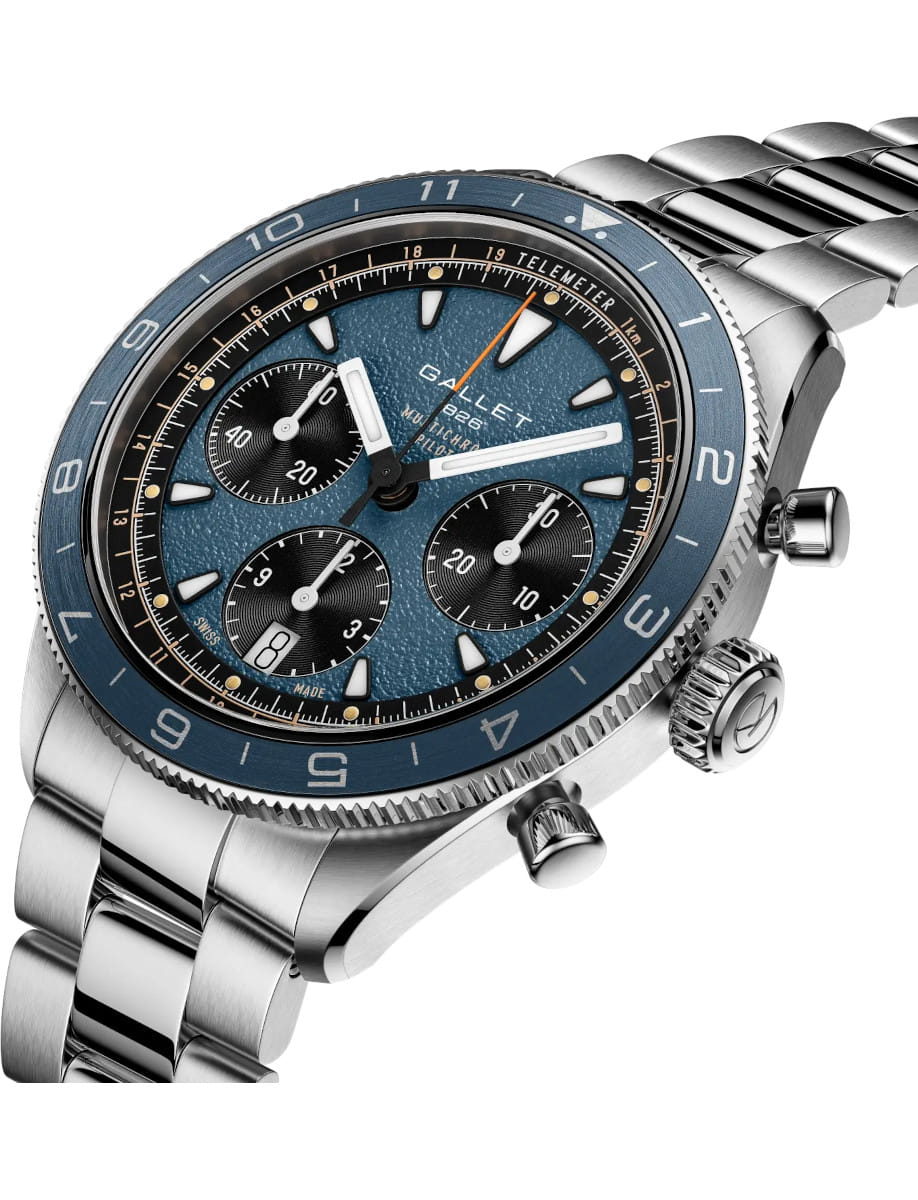 Stainless steel Gallet chronograph wristwatch with a blue textured dial and matching blue bezel, steel bracelet visible from angle.