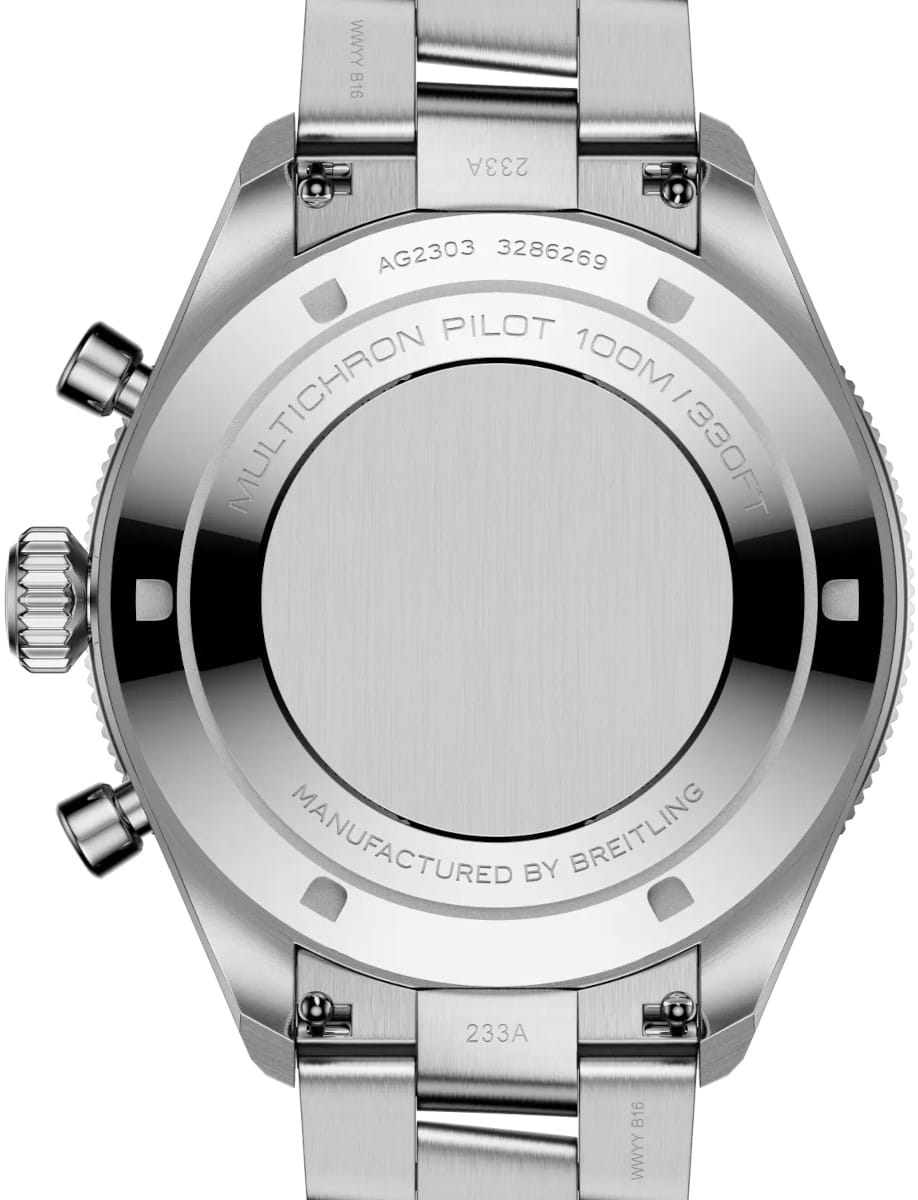 Back view of a stainless steel Gallet watch case and bracelet, showing engraved text around the case back (e.g., MULTICHRON PILOT 100M, MANUFACTURED BY BREITLING).