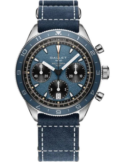 Blue dial chronograph wristwatch with steel case and blue leather strap; multiple subdials and date window visible, branded Gallet.