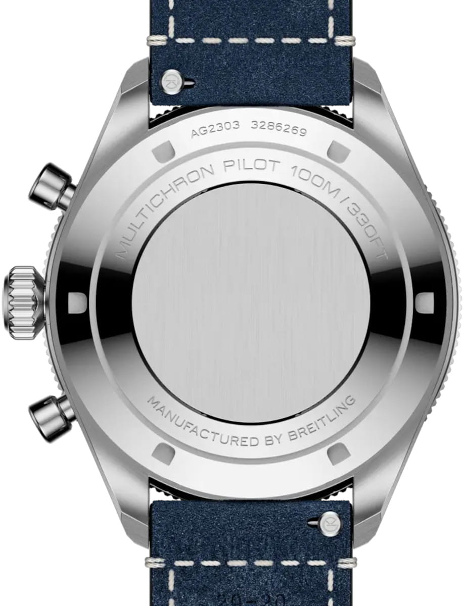Back view of a stainless steel Gallet watch with a blue stitched strap; case back shows engravings and pushers are visible.