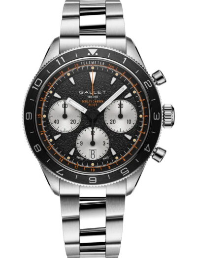Stainless steel Gallet wristwatch with a textured black dial, three subdials, orange accents, and a steel link bracelet.