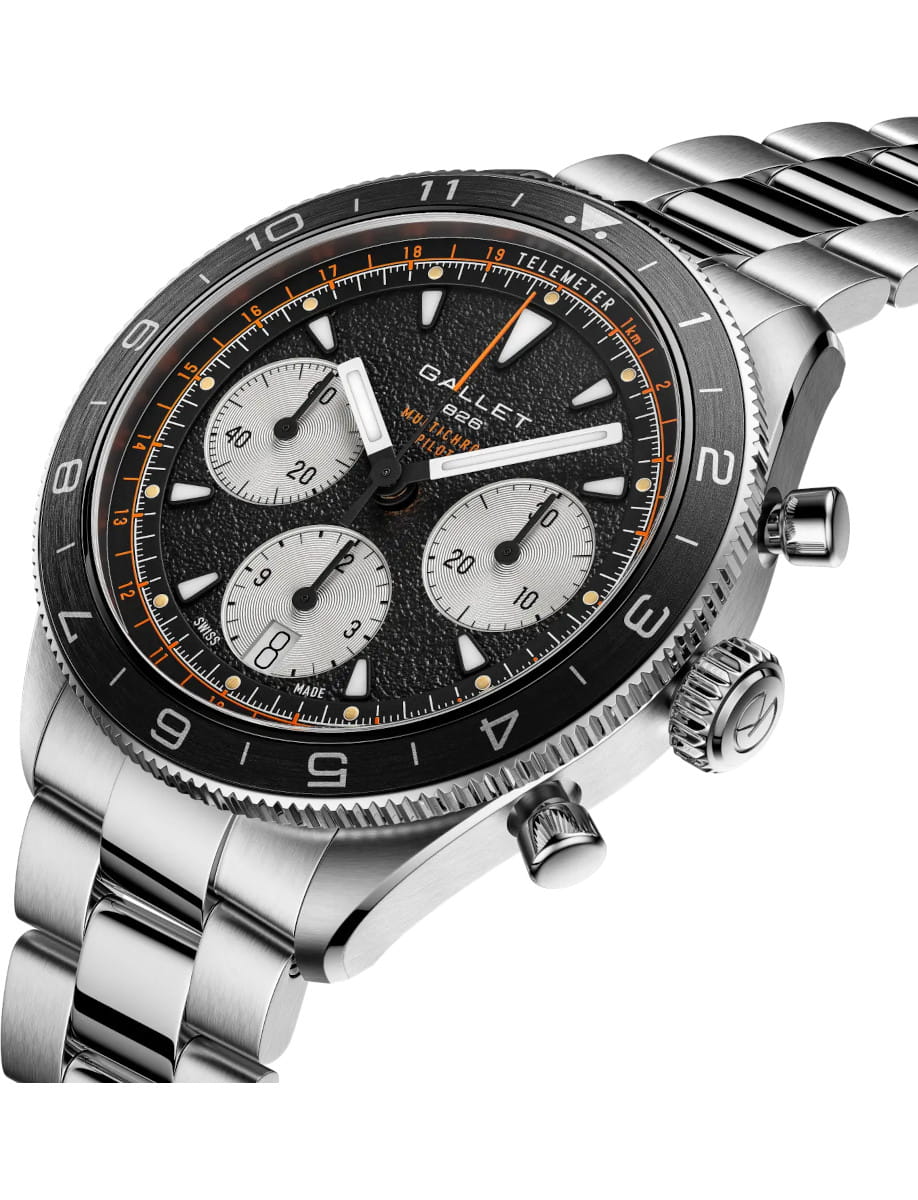 Gallet stainless steel chronograph watch with black dial, silver subdials, orange accents, and a steel bracelet with a rotating bezel