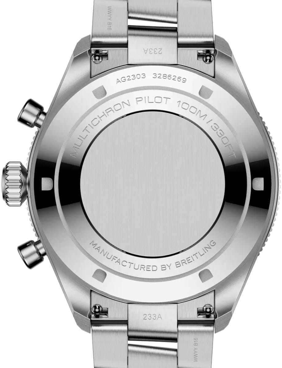 Stainless steel Gallet watch back with engraved case markings and metal bracelet visible, including pushers on the left side.