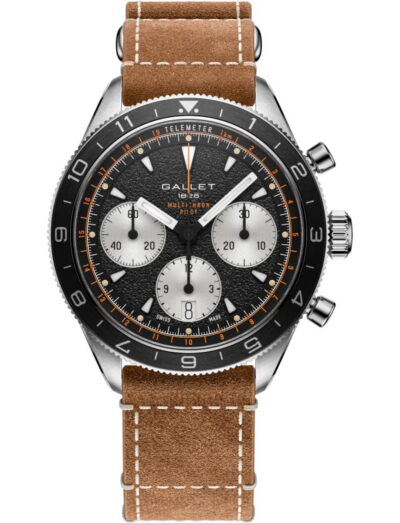 Gallet chronograph wristwatch with a black textured dial, orange accents, silver subdials, and a tan leather strap.