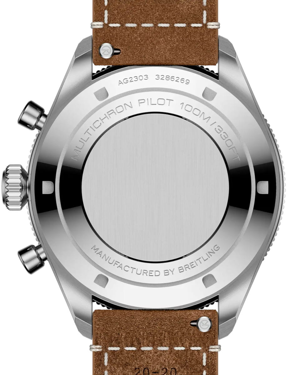 Back of a stainless steel wristwatch with brown leather strap; visible engravings read 'MULTICHRON PILOT 100M 1330FT' and 'MANUFACTURED BY BREITLING' around the case back.