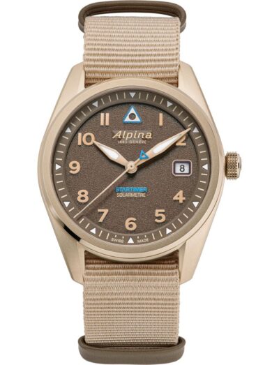 Alpina wristwatch with stainless steel case, brown dial and sand beige nato strao