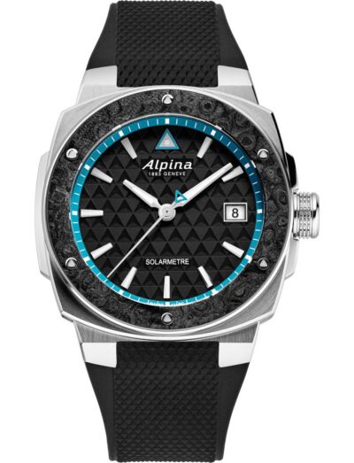 Alpina wristwatch with stainless steel case, black dial and black rubber strap | Feldmar Watch Co. Alpina wristwatch with stainless steel case, black dial and black rubber strap