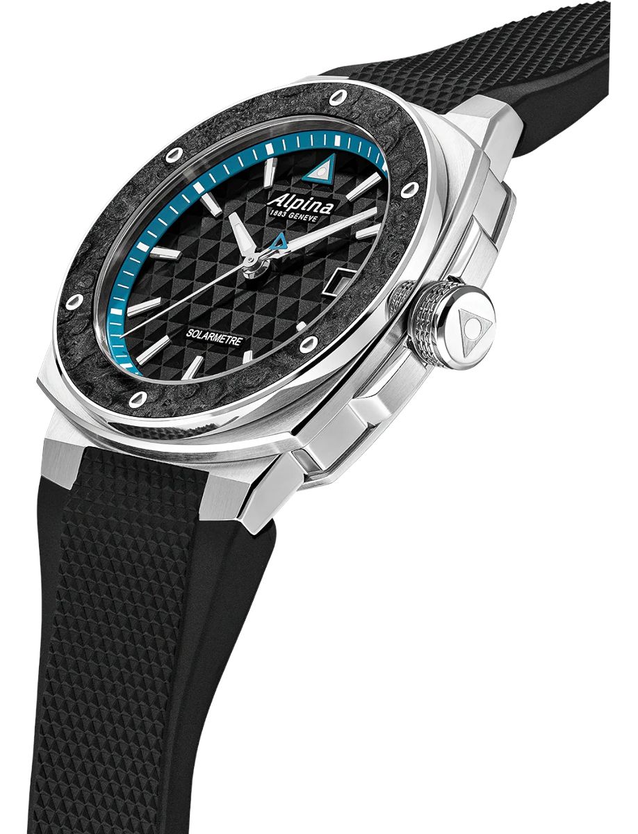 Alpina sports watch with a black textured dial, blue accents, stainless steel case, and a black rubber strap