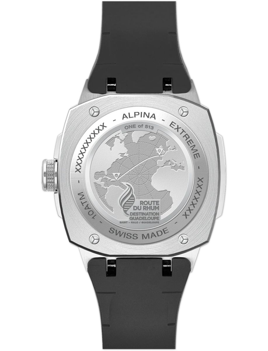 Alpina Extreme watch back with engraved world map, 'ONE of 513', and 'SWISS MADE' text