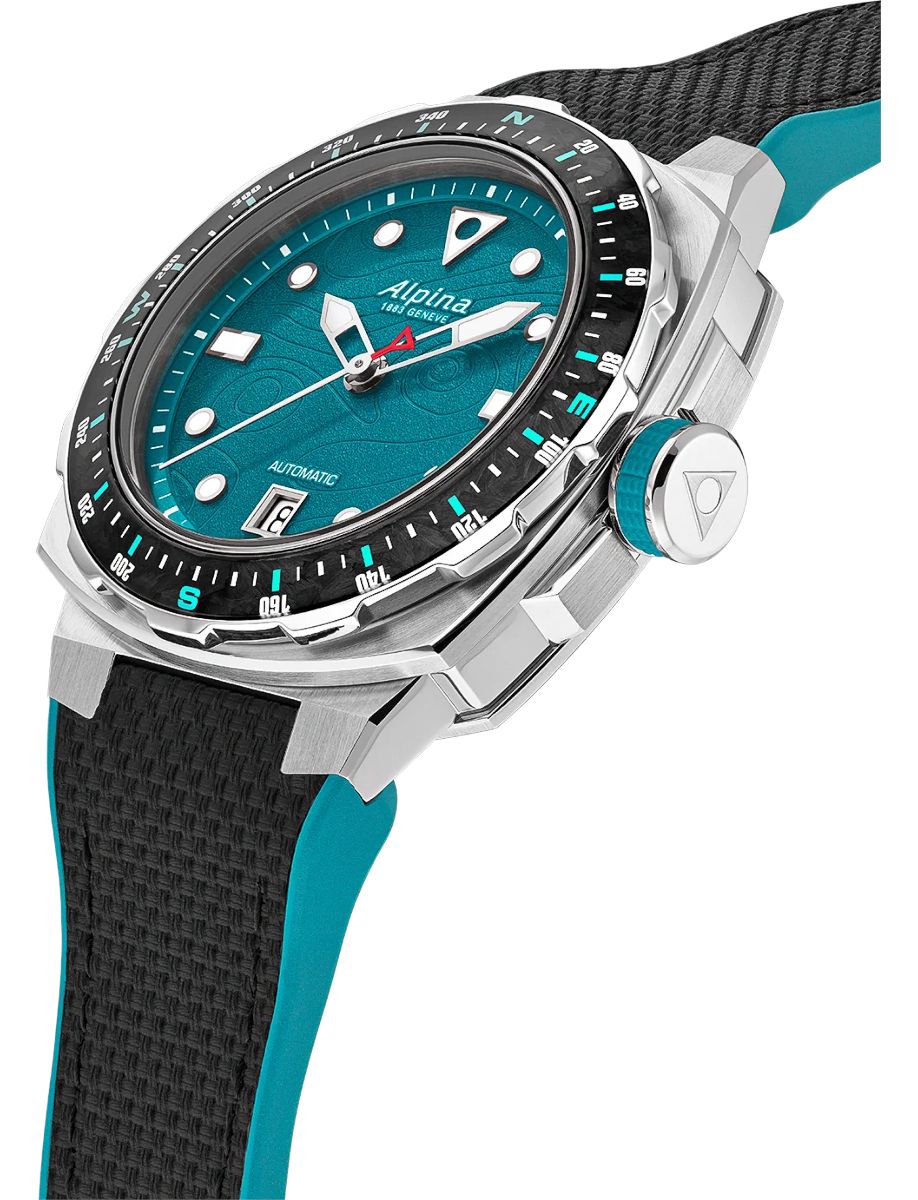 Alpina automatic wristwatch with a turquoise dial, black bezel, and teal strap seen in a close-up.