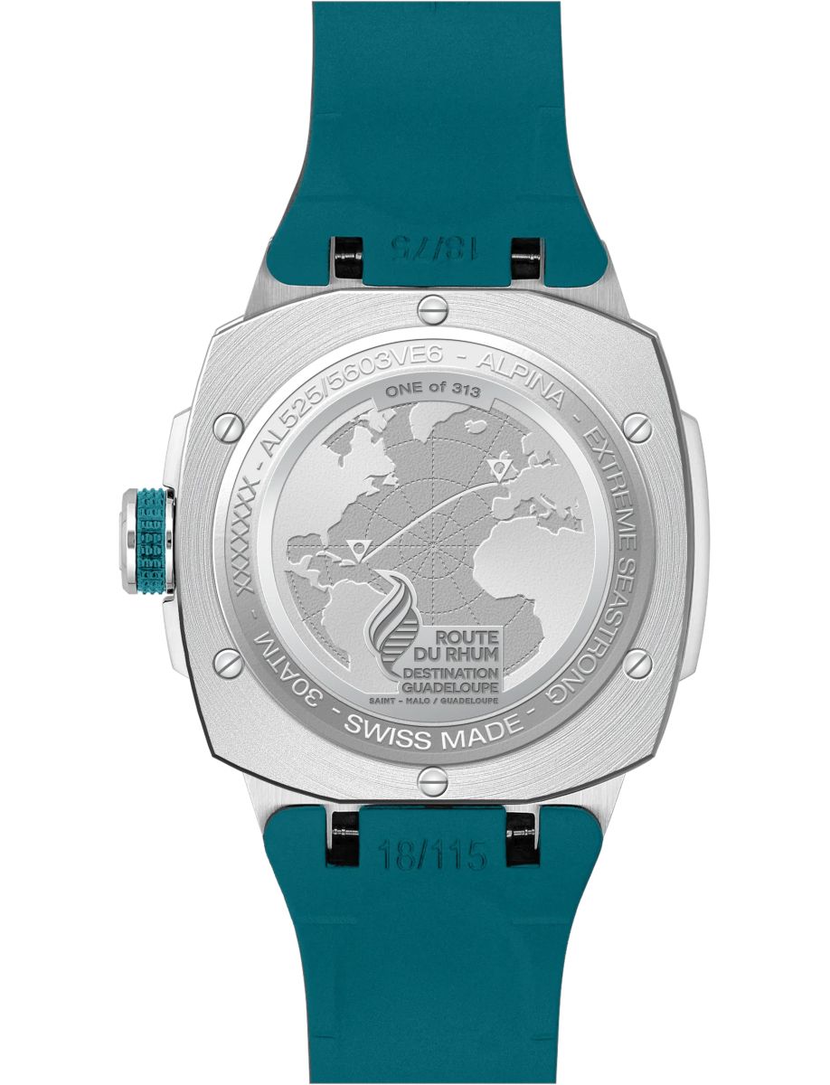 Back of a Swiss-made Alpina watch with teal strap, showing caseback engraving and world map design.