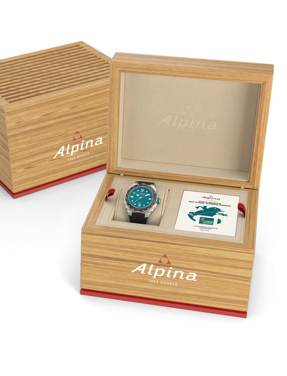 Alpina wristwatch in an open wooden box with red trim, displayed with branding on the outside box and lid