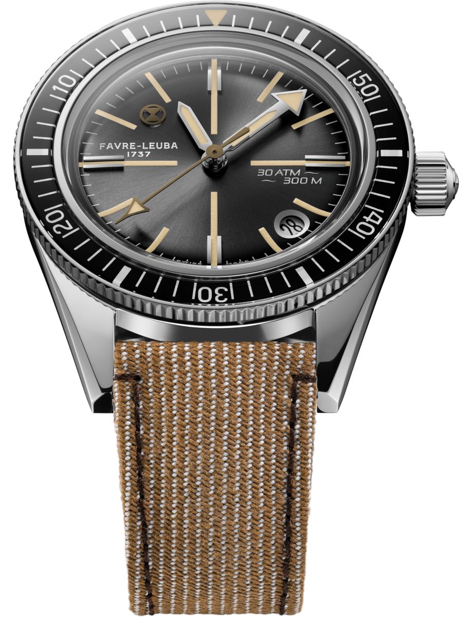 Wristwatch with black dial, beige indices, rotating bezel, and tan fabric strap.