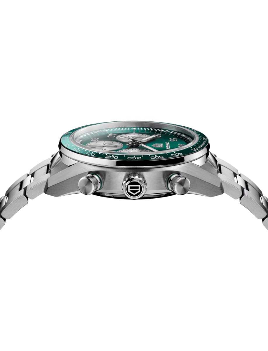 Stainless steel chronograph wristwatch with a green bezel, shown in side profile with crown and pushers.