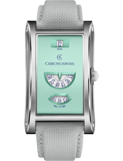 Rectangular Chronoswiss wristwatch with a mint dial, stainless steel case, and gray fabric strap; features a date window at the top and two curved retrograde indicator gauges (minutes and seconds). No. 15/99 is printed near the bottom of the dial.