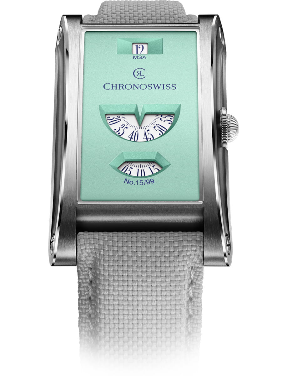 Chronoswiss rectangular wristwatch with a mint dial, stainless steel case, and a gray strap featuring two rotating disc time indicators.