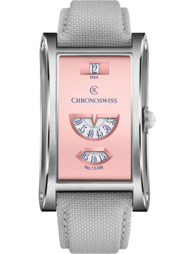 Rectangular Chronoswiss wristwatch with a rose pink dial, stainless steel case, and gray fabric strap; features a date window at the top and two curved retrograde indicator gauges (minutes and seconds). No. 15/99 is printed near the bottom of the dial.