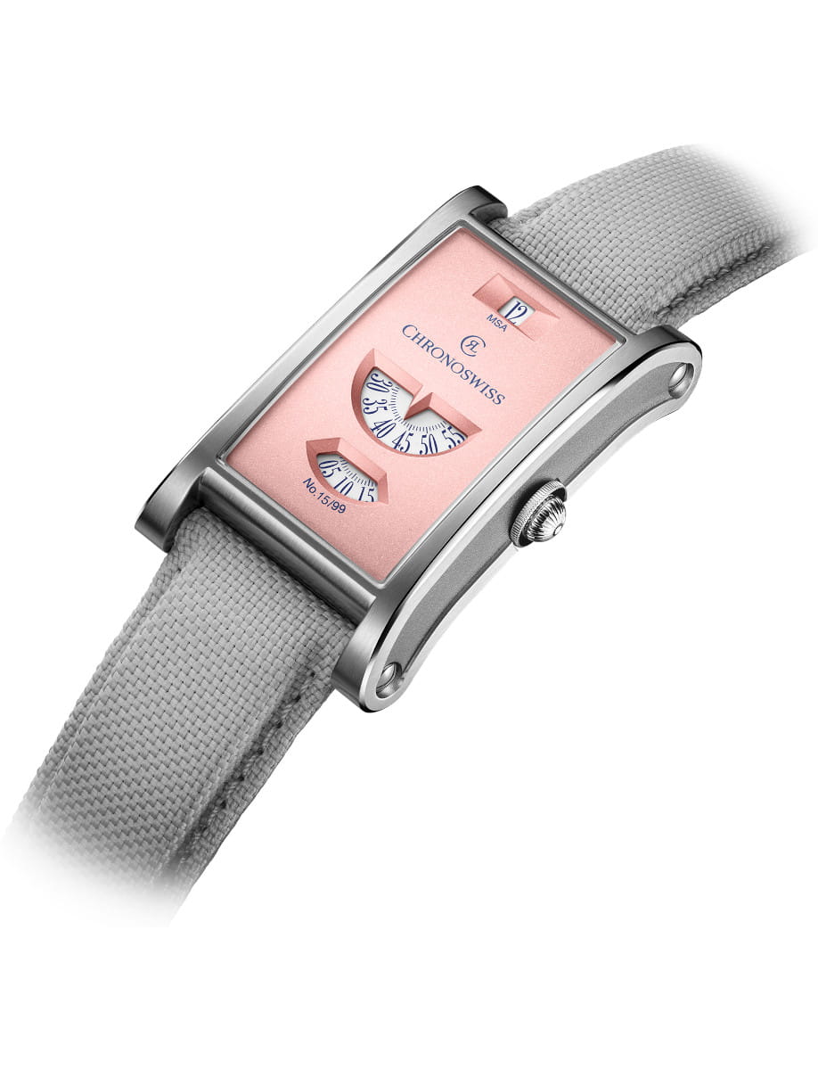 Chronoswiss rectangular wristwatch with a rose pink dial, dual retrograde displays, and a gray fabric strap.