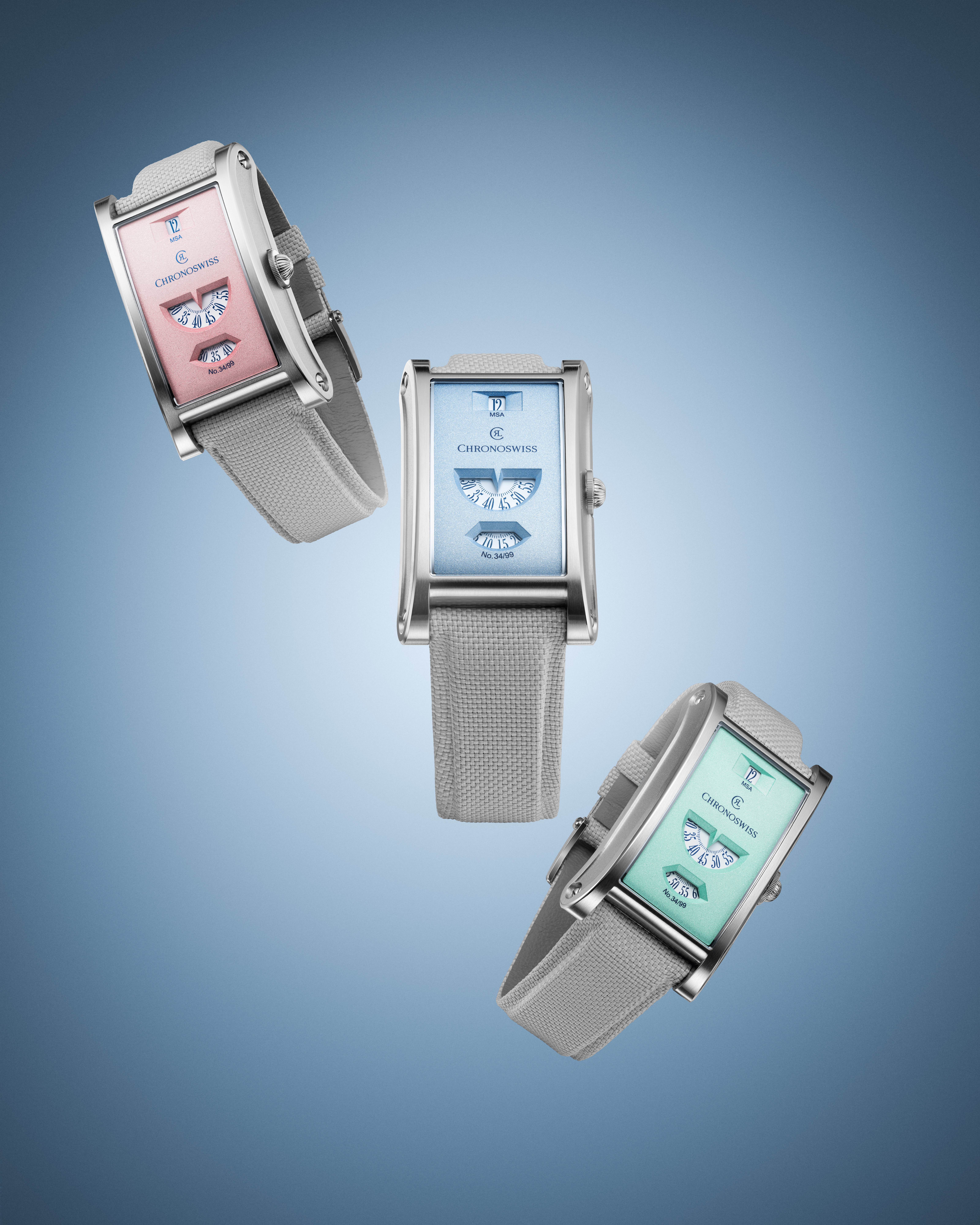 Four Chronoswiss wristwatches with pastel blue and pink dials and gray fabric bands against a blue gradient background.