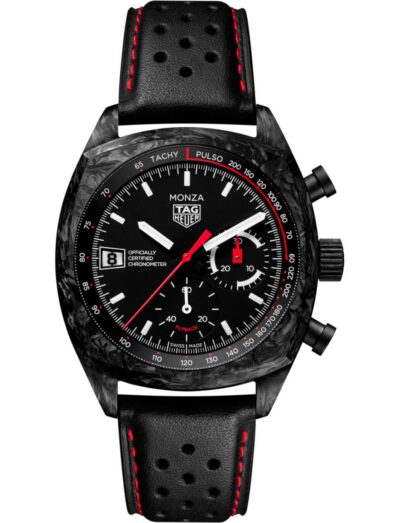 TAG Heuer wristwatch with carbon case, black dial and black leather strap