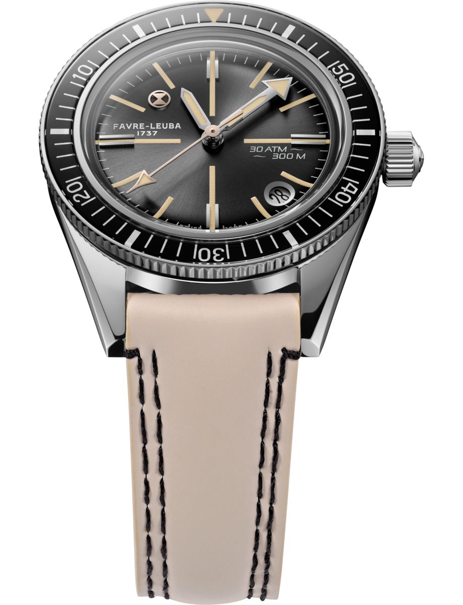 Favre‑Leuba dive watch with black dial, beige luminescent markers, date window at 4 o'clock, rotating bezel, and beige strap with black stitching.