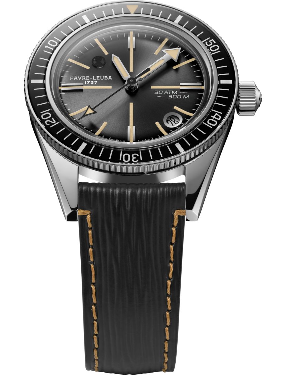 Favre-Leuba diver watch with black dial, beige hour markers, rotating bezel, date window, and black leather strap with tan stitching.
