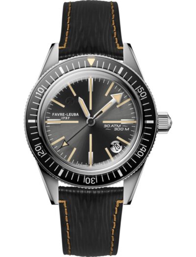 Favre Leuba wristwatch with stainless steel case, grey dial and black calf leather strap