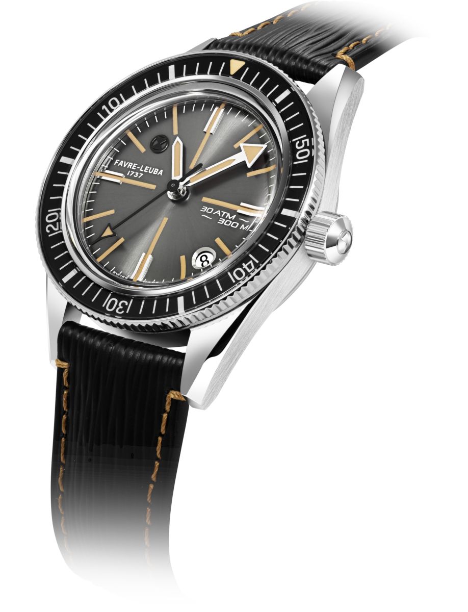 Stainless steel diver's watch with gray dial, black bezel, and a black leather strap with tan stitching.