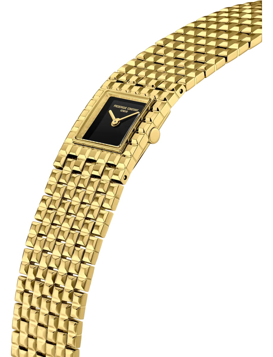 Gold rectangular wristwatch with a black dial and a multi-link gold bracelet