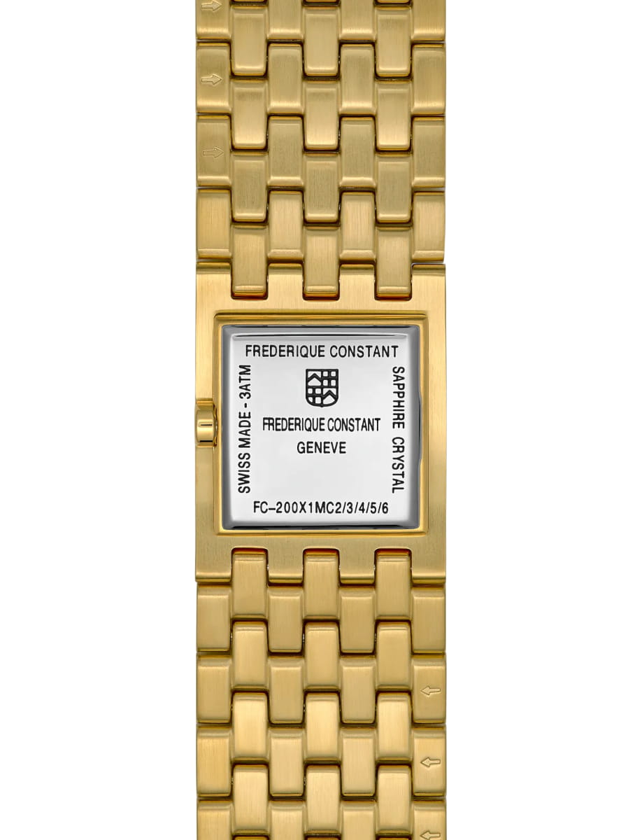 Gold-toned rectangular wristwatch with a linked bracelet and a white dial bearing the Frederique Constant branding and Genève inscription.