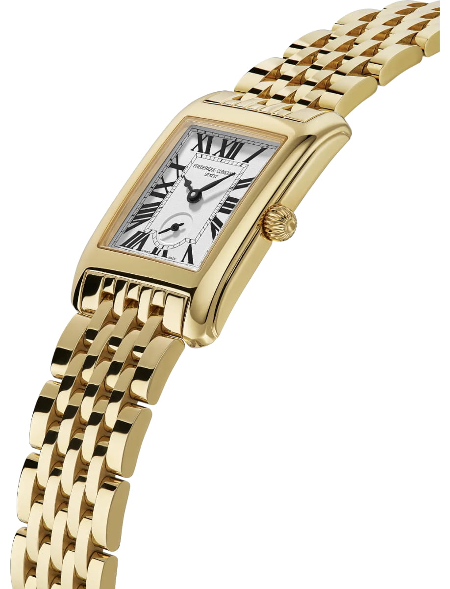Gold-tone rectangular wristwatch with a white dial and black Roman numerals on a multi-link bracelet.