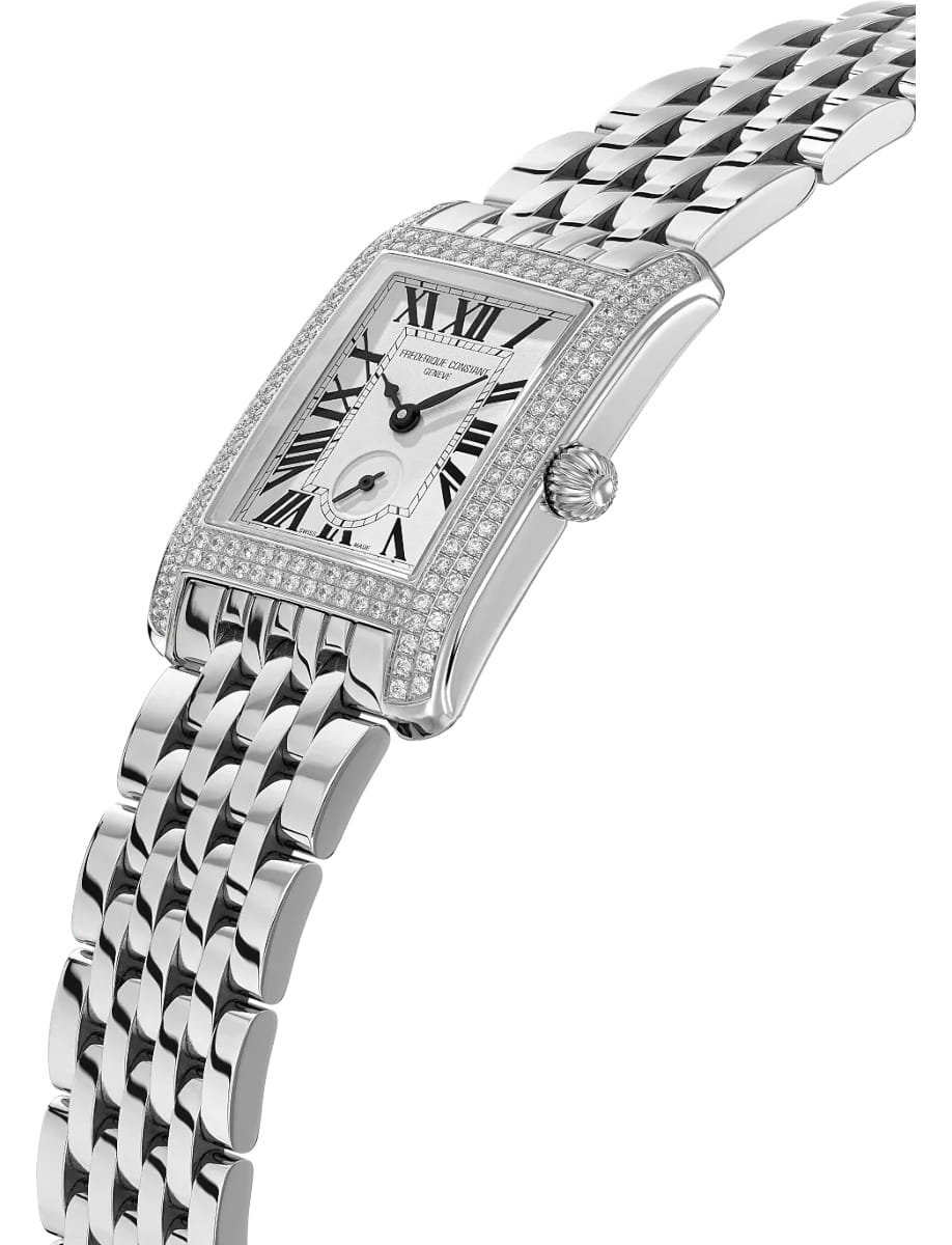 Diamond-studded rectangular luxury wristwatch with Roman numerals and a polished silver metal bracelet