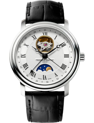 Frederique Constant wristwatch with stainless steel case, silver tone dial and black leather strap | Feldmar Watch Co. Frederique Constant wristwatch with stainless steel case, silver tone dial and black leather strap