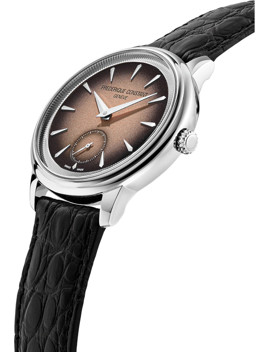 Side view of Frederique Constant Genève wristwatch with a black to salmon gradient dial, stainless steel case, and black leather strap.