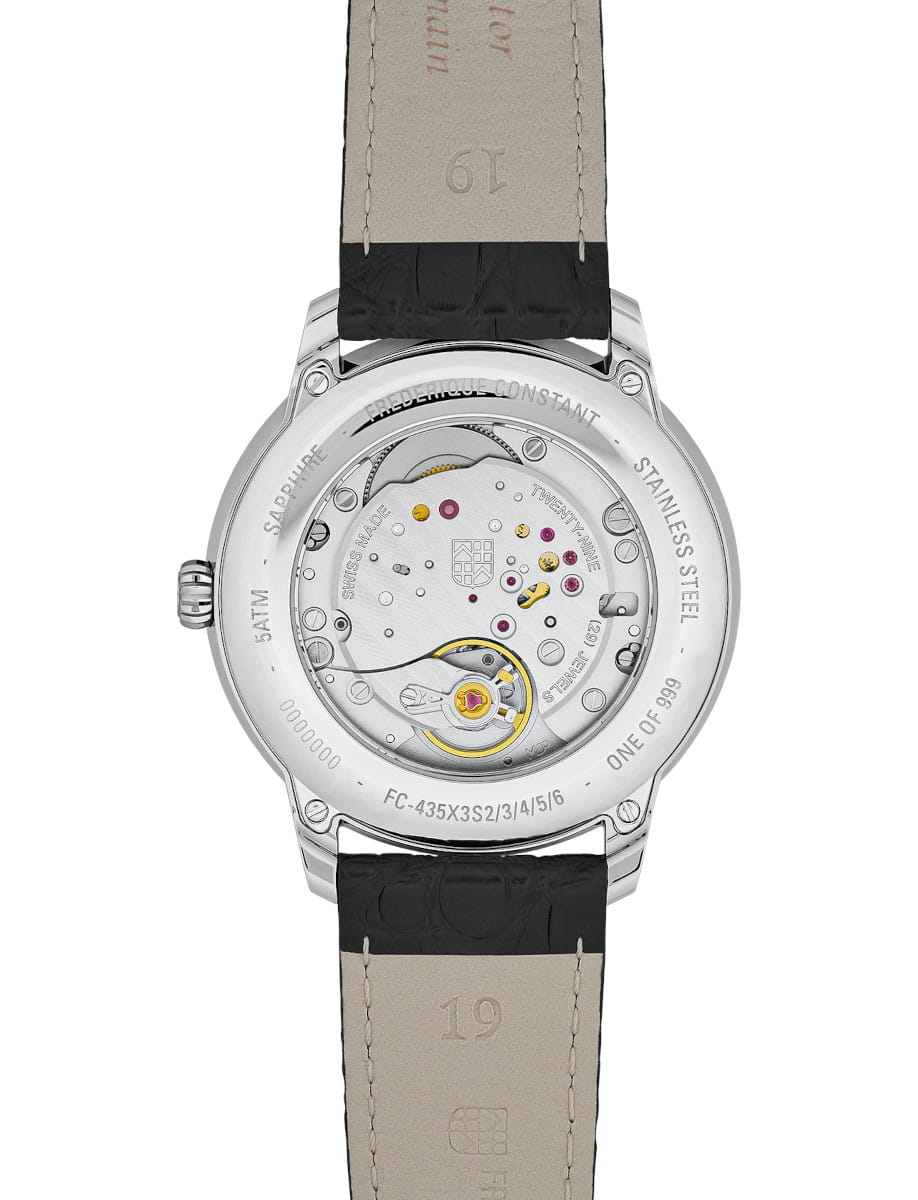 Back view of a stainless steel wristwatch with a transparent case back showing the intricate mechanical movement and jewel bearings; black leather strap attached; edge engraved with markings (e.g., ONE OF 999).