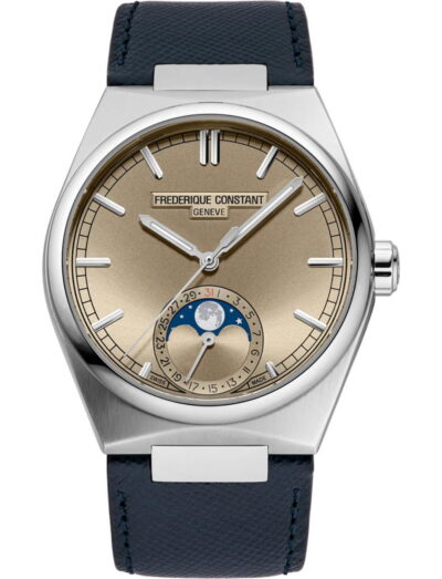 Frederique Constant wristwatch with gold tone dial, silver hands, moon phase subdial at 6 o'clock, and a blue leather strap | Feldmar Watch Co. Frederique Constant wristwatch with gold tone dial, silver hands, moon phase subdial at 6 o'clock, and a blue leather strap