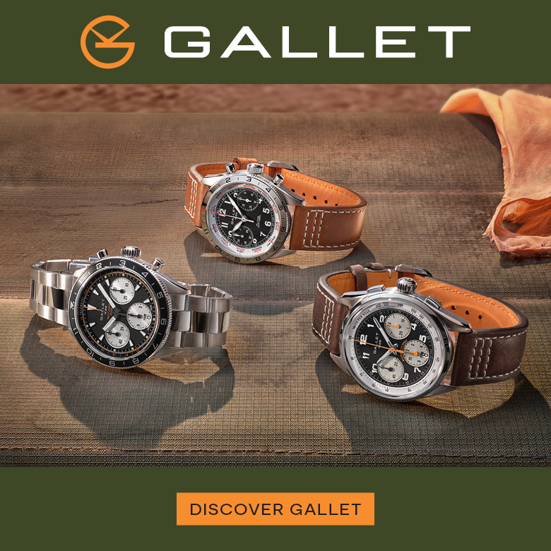 Promotional image showing three Gallet watches on a wooden surface with a green banner and orange Discover Gallet button below