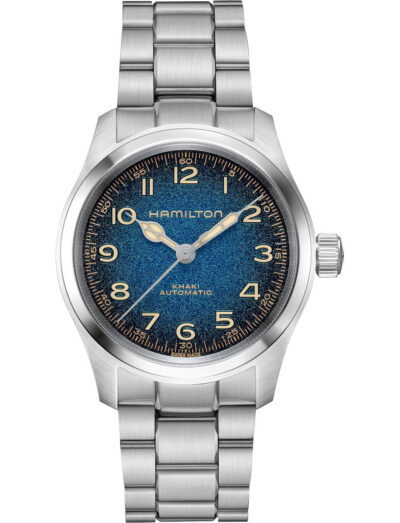 Hamilton with blue textured dial, Super-Luminova numerals, stainless steel case and bracelet, and crown on the right (Hamilton Khaki Automatic).