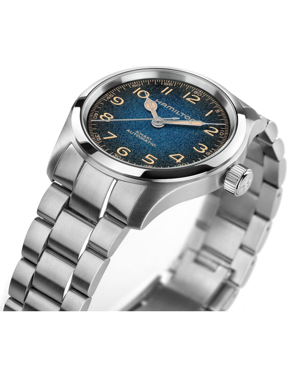 Stainless steel Hamilton wristwatch with a blue textured dial and Super-LumiNova numerals.