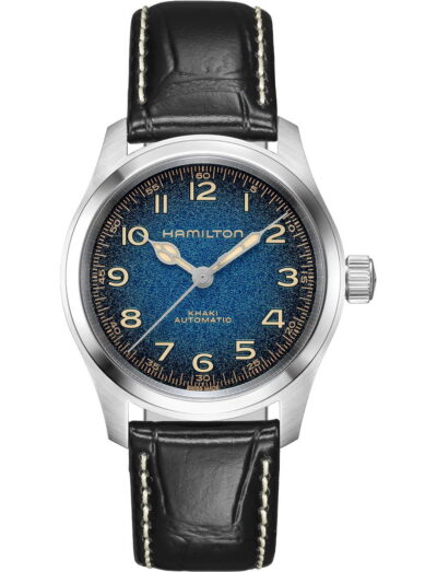Hamilton with blue textured dial, Super-Luminova numerals, and a black leather strap featuring white stitching, stainless steel case, and crown on the right (Hamilton Khaki Automatic).