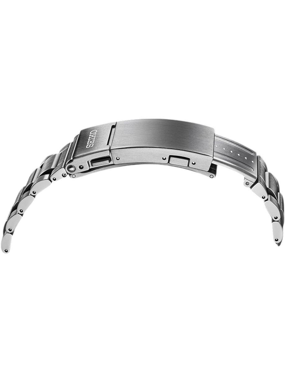 Stainless steel watch bracelet with a fold-over deployment clasp, Seiko logo on the clasp.